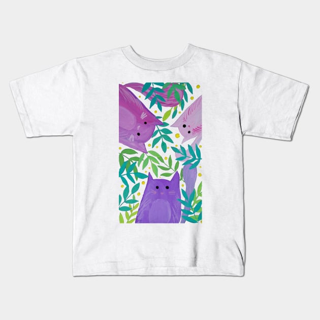 Cats and branches - purple and green Kids T-Shirt by wackapacka